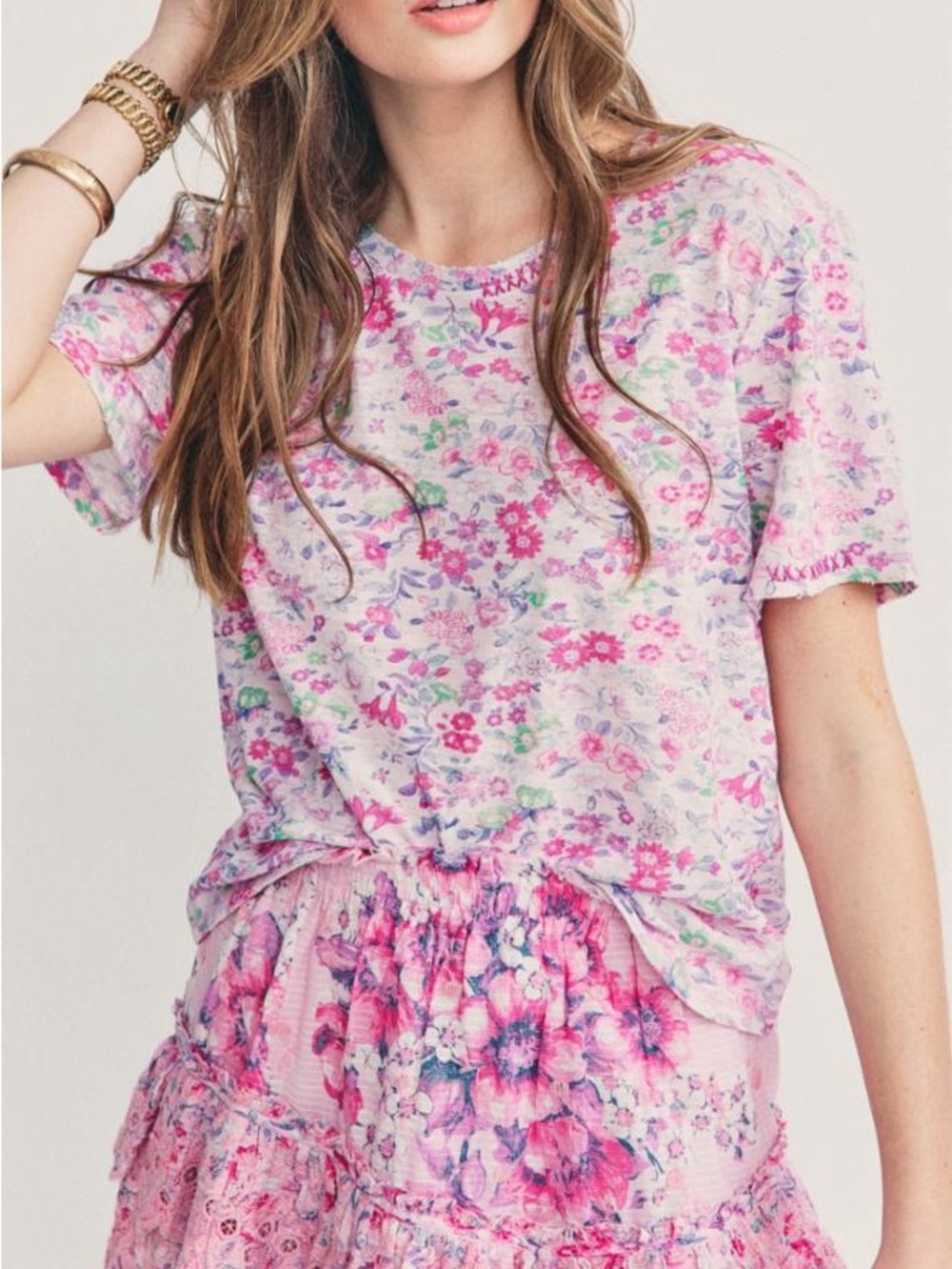 LOVESHACKFANCY Floral Pink Short-Sleeve Cotton Shirt Tee L